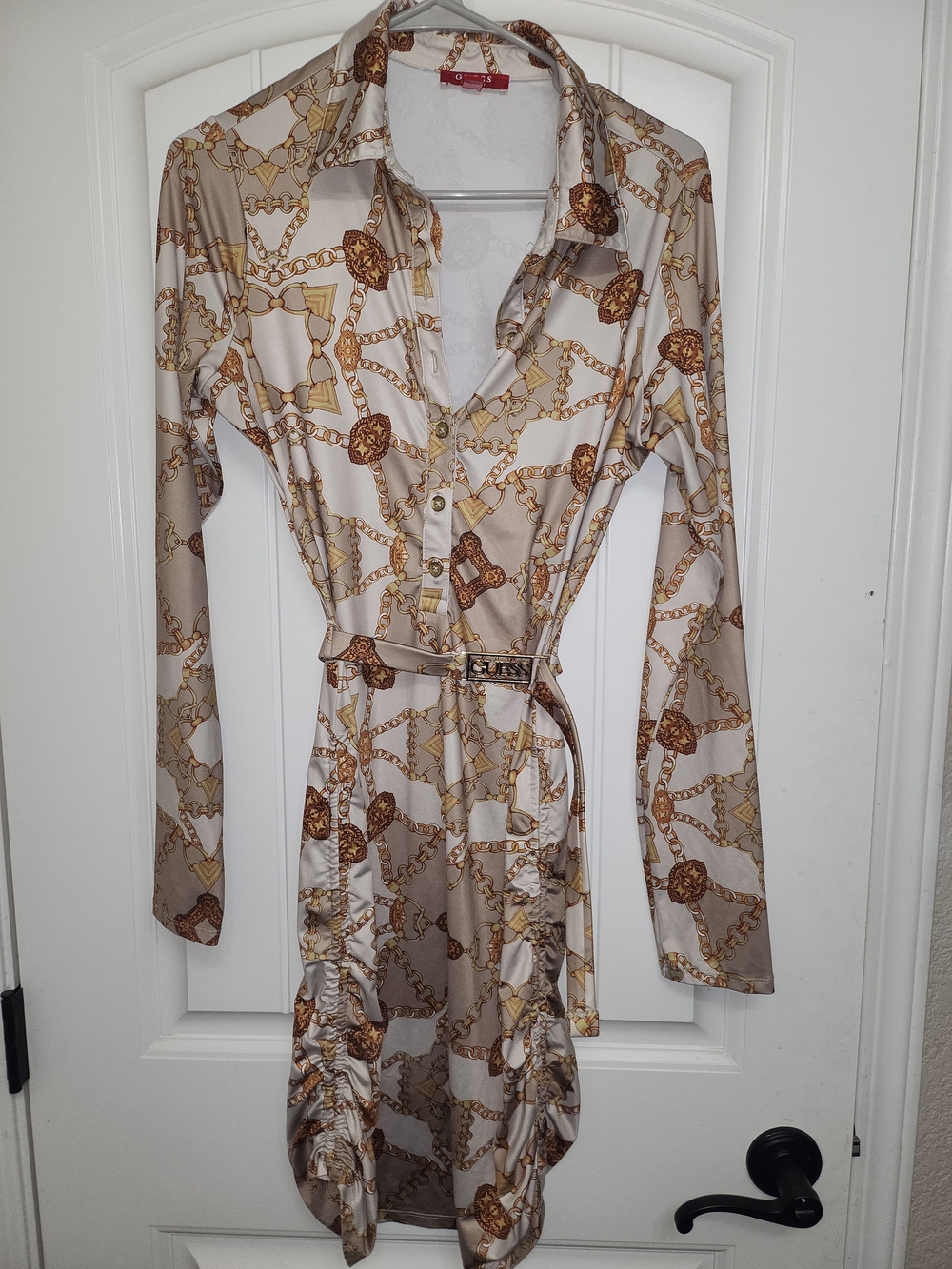 Guess Beige and Gold Chain-Print Long Sleeve Shirt Dress